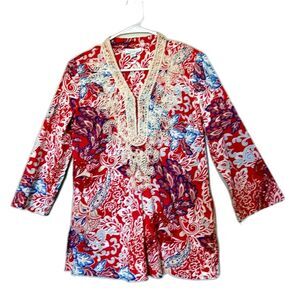 Charter Club Luxury Red Graphic Tunic Size Small 100% Cotton